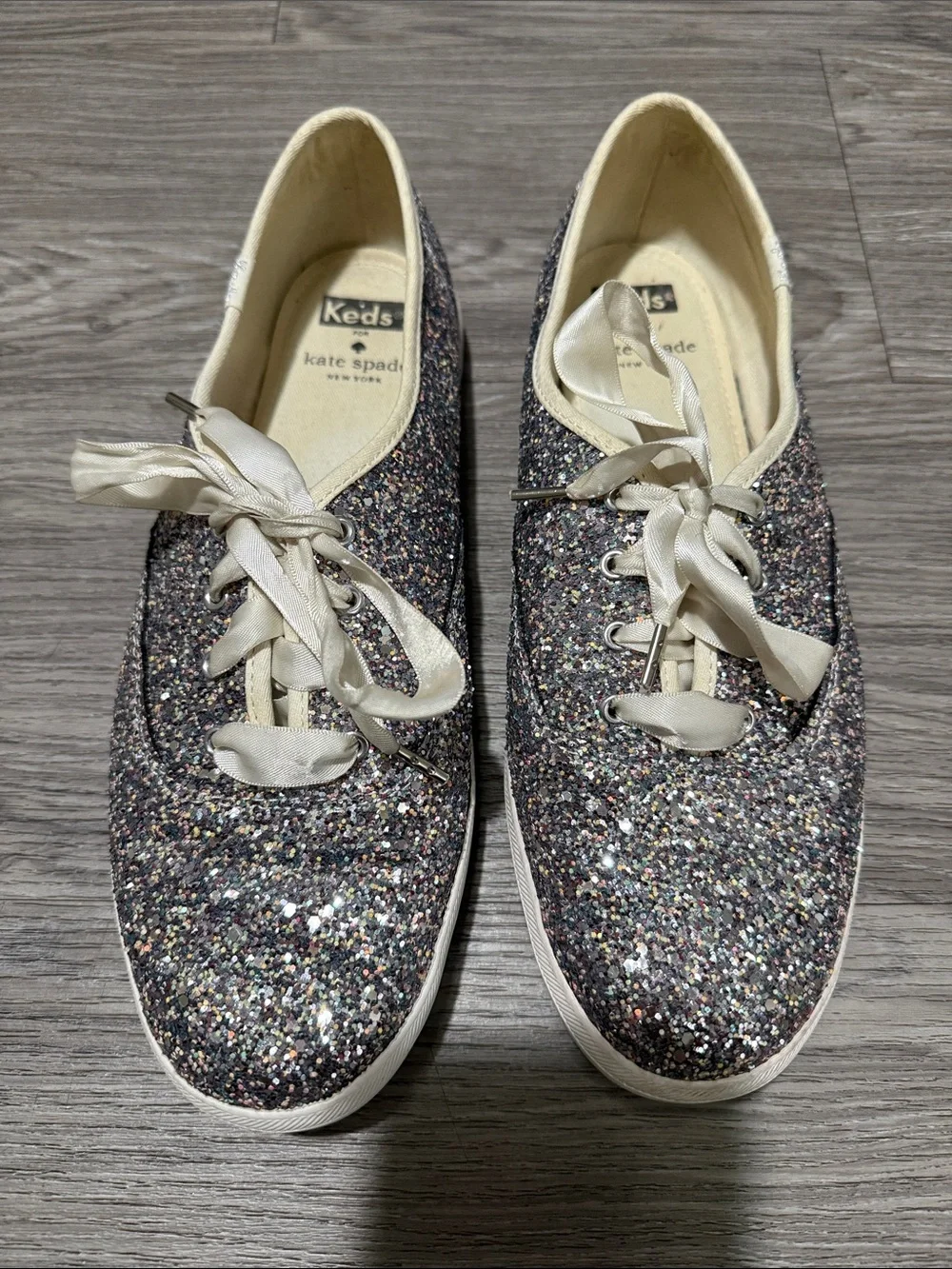 Keds X Kate Spade Sneaker Womens 10 Silver Champion Glitter Low Lace Up